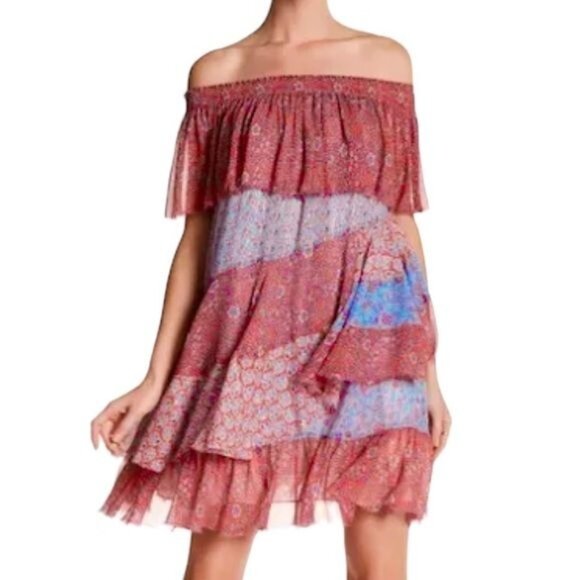 Rebecca Taylor Silk Off Shoulder Patchwork Mini Dress Mermaid Size S - Picture 2 of 15